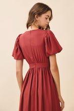 Voluminous Puff Sleeves Gathered Bodice Midi Dress