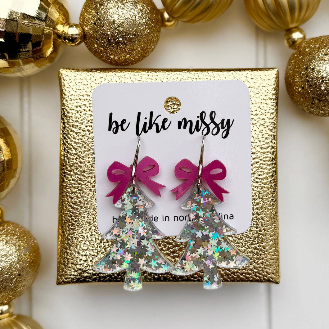 Christmas Tree Earrings - Silver Stars Glitter