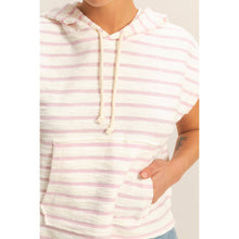 DZ25C099-Striped Short Sleeve Pullover Hoodie Top: BLACK/CREAM / S-M-L(2-2-2)