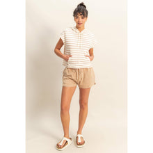 DZ25C099-Striped Short Sleeve Pullover Hoodie Top: BLACK/CREAM / S-M-L(2-2-2)