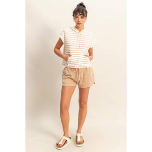 DZ25C099-Striped Short Sleeve Pullover Hoodie Top: BLACK/CREAM / S-M-L(2-2-2)