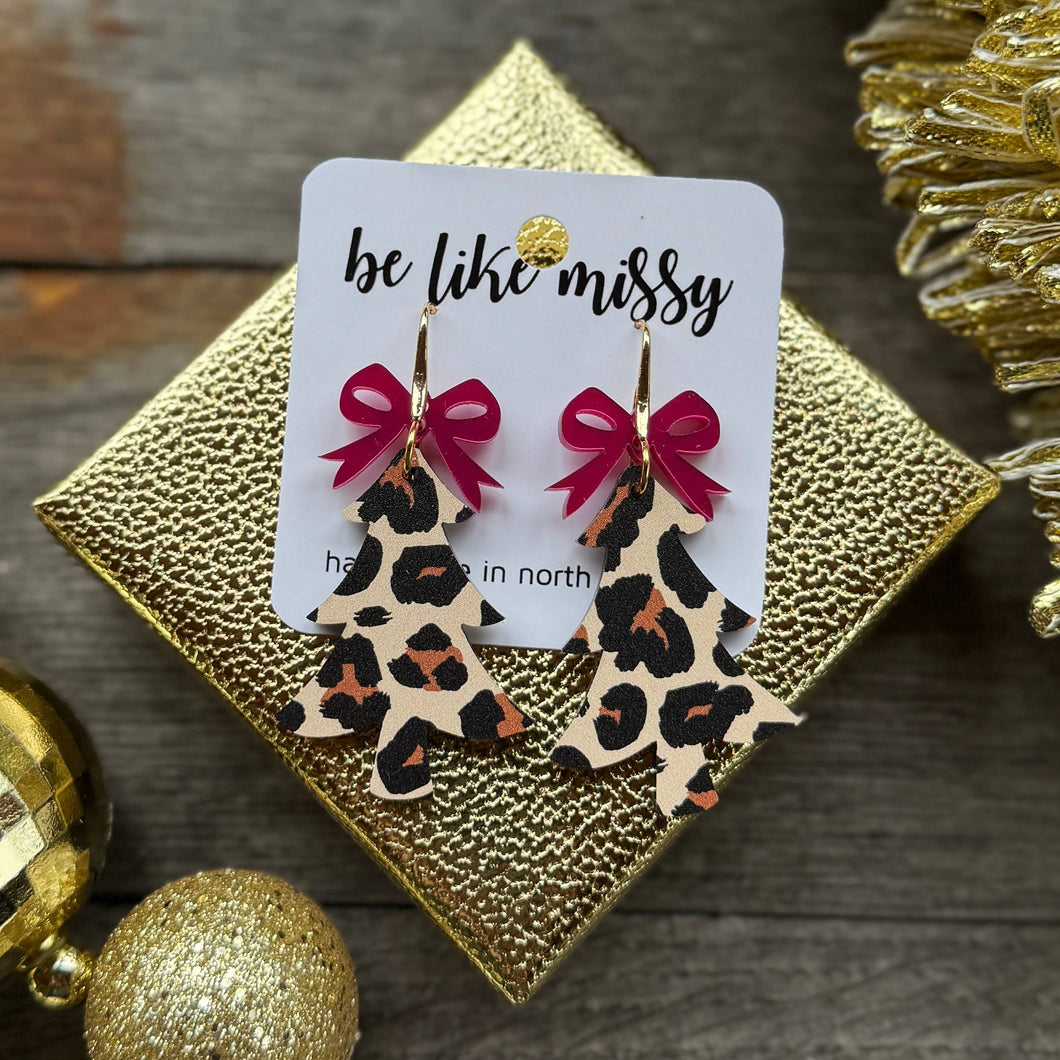 Christmas Tree Earrings - Leopard with Bows
