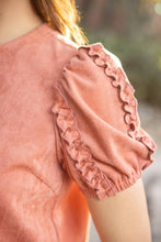 Ruffle Detailed Puff Sleeve Suede Top