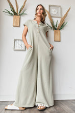 Waffle Knit Henley Short Sleeve Wide Leg Jumpsuit