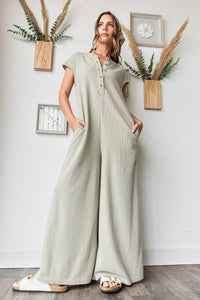 Waffle Knit Henley Short Sleeve Wide Leg Jumpsuit