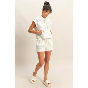 DZ25C099-Striped Short Sleeve Pullover Hoodie Top: BLACK/CREAM / S-M-L(2-2-2)