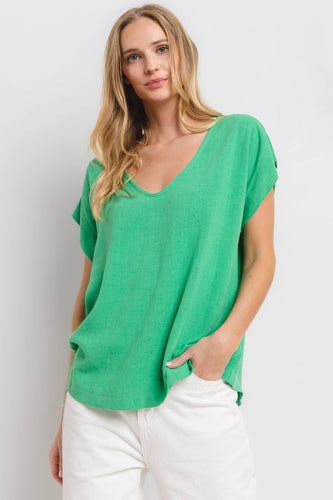 Solid Linen V-neck Short Sleeve Top