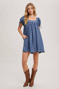 Denim Square Neck Babydoll Dress w/ Pockets