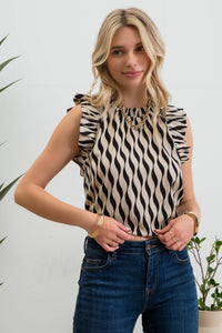 Geo Wave Print Sleeveless Ruffle Trim Blouse