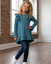 Kids Dark Teal Blue Ribbed Long Sleeve Button Ruffle Shirt: 2