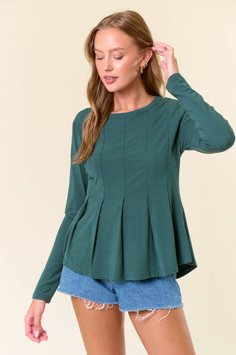 Soft Fleece Knit Round Neck Pintuck Peplum Top