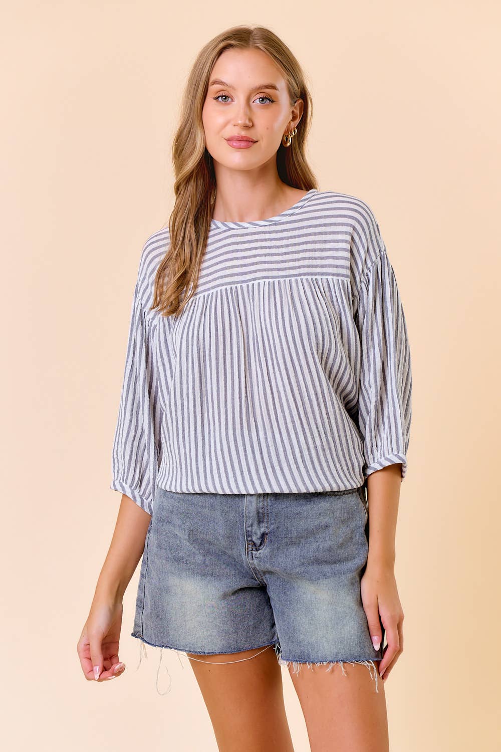 Dropped Shoulder 3/4 Sleeve Striped Blouse