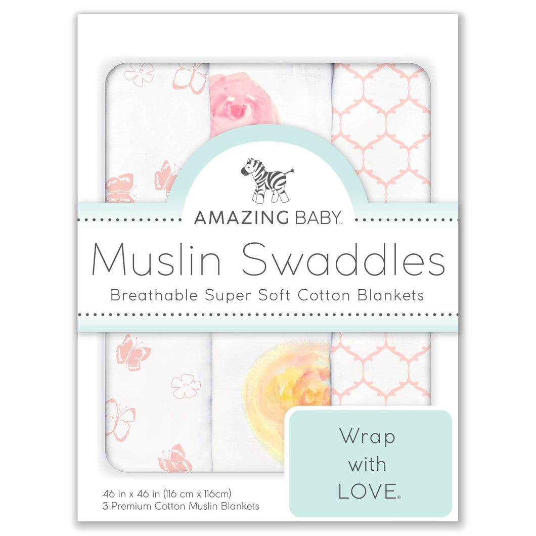 Muslin Swaddle Blankets (Set of 3), Watercolor Roses