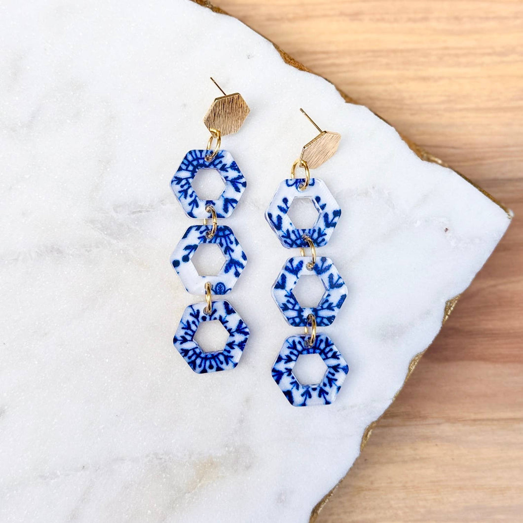 Hex Stacks - Blue and White - Acrylic Earrings