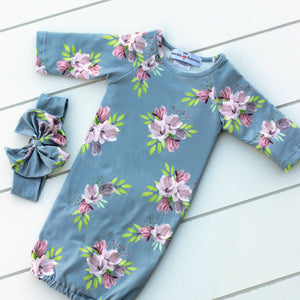 Infant Girls Gray Blue Floral Baby Gown and Bow Headband