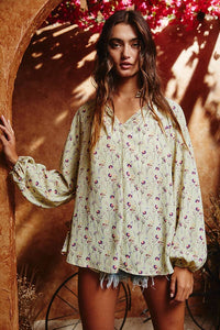 Smoked Stand Collar Floral Print Blouse