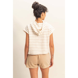 DZ25C099-Striped Short Sleeve Pullover Hoodie Top: BLACK/CREAM / S-M-L(2-2-2)