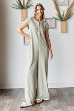 Waffle Knit Henley Short Sleeve Wide Leg Jumpsuit