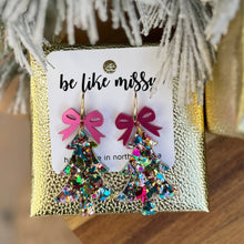 Christmas Tree Earrings + Bows - Party Glitter + Pink