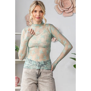 Lace Long Sleeve See Through Top: Sage / M