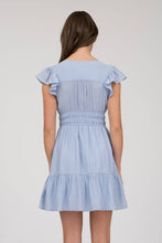 V NECK SHORT SLEEVE RUFFLE DETAIL SHIRRED MINI DRE: PINK