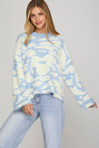 Long Sleeve Fuzzy Floral Print Sweater Top