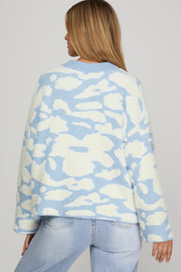 Long Sleeve Fuzzy Floral Print Sweater Top