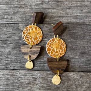 Samantha - Champagne Crackle - Wood + Leather Earrings