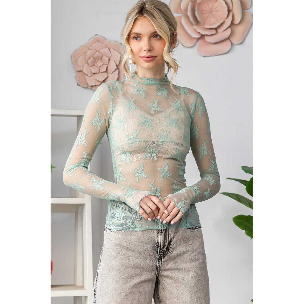 Lace Long Sleeve See Through Top: Sage / M