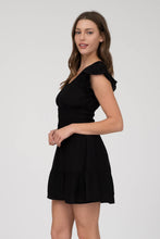 V NECK SHORT SLEEVE RUFFLE DETAIL SHIRRED MINI DRE: PINK