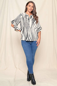 Plus Printed Ruffle Split V-Neck Sleeve Henley Blouse