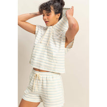 DZ25C099-Striped Short Sleeve Pullover Hoodie Top: BLACK/CREAM / S-M-L(2-2-2)