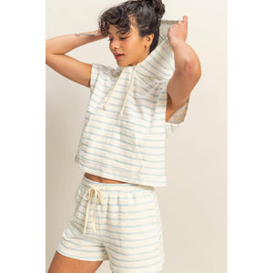 DZ25C099-Striped Short Sleeve Pullover Hoodie Top: BLACK/CREAM / S-M-L(2-2-2)