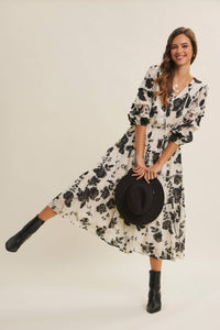 Dreamy Jacquard Floral Midi Dress w/ Statement Sleave