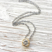 Mixed Metal Solitaire Crystal Pendant Layering Necklace
