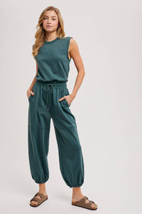 Drawstring Waist Sleeveless Knit Active Jumpsuit