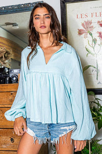 Puff Sleeve Collared Flowy Babydoll Top