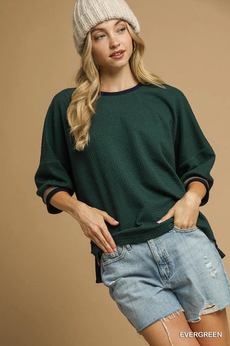 Textured Waffle Knit Contrast Sleeve Top