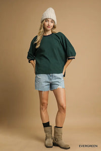 Textured Waffle Knit Contrast Sleeve Top