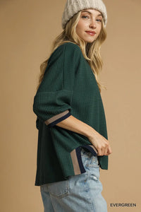 Textured Waffle Knit Contrast Sleeve Top