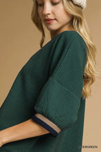Textured Waffle Knit Contrast Sleeve Top