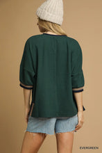 Textured Waffle Knit Contrast Sleeve Top