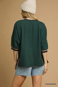 Textured Waffle Knit Contrast Sleeve Top