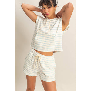DZ25C100-Striped Drawstring Waist Shorts: BLACK/CREAM / S-M-L(2-2-2)