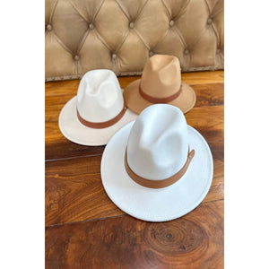 Classic Fedora Hat with Leather Belt: IVORY