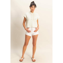 DZ25C099-Striped Short Sleeve Pullover Hoodie Top: BLACK/CREAM / S-M-L(2-2-2)