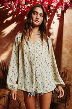 Smoked Stand Collar Floral Print Blouse