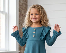 Kids Dark Teal Blue Ribbed Long Sleeve Button Ruffle Shirt: 2