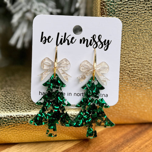 Christmas Tree Earrings + Bows - Green Glitter + Champagne