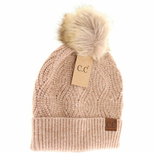 Sequin Brioche Cable Knit Fur Pom C.C Beanie: Heather Sand